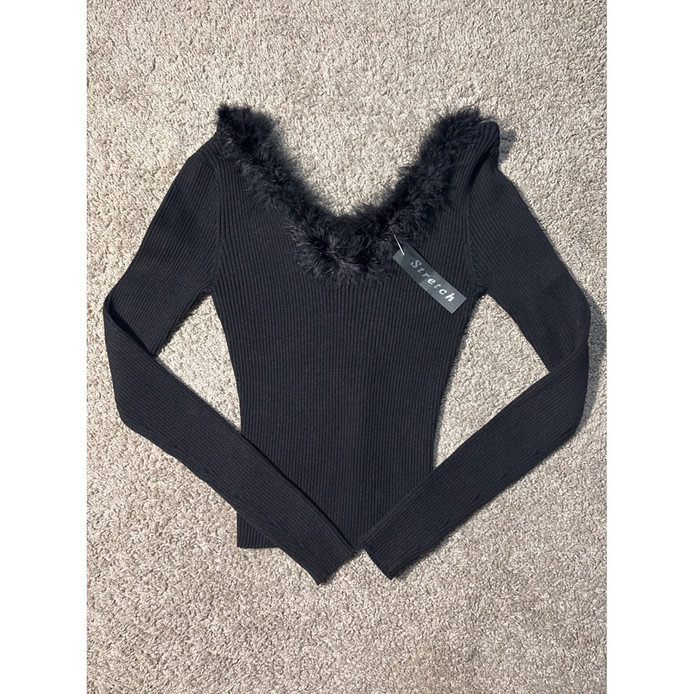 Y2K Chesley Black Ribbed Knit Faux Fur Trim V-Neck Sweater Long Sleeve Top Med.